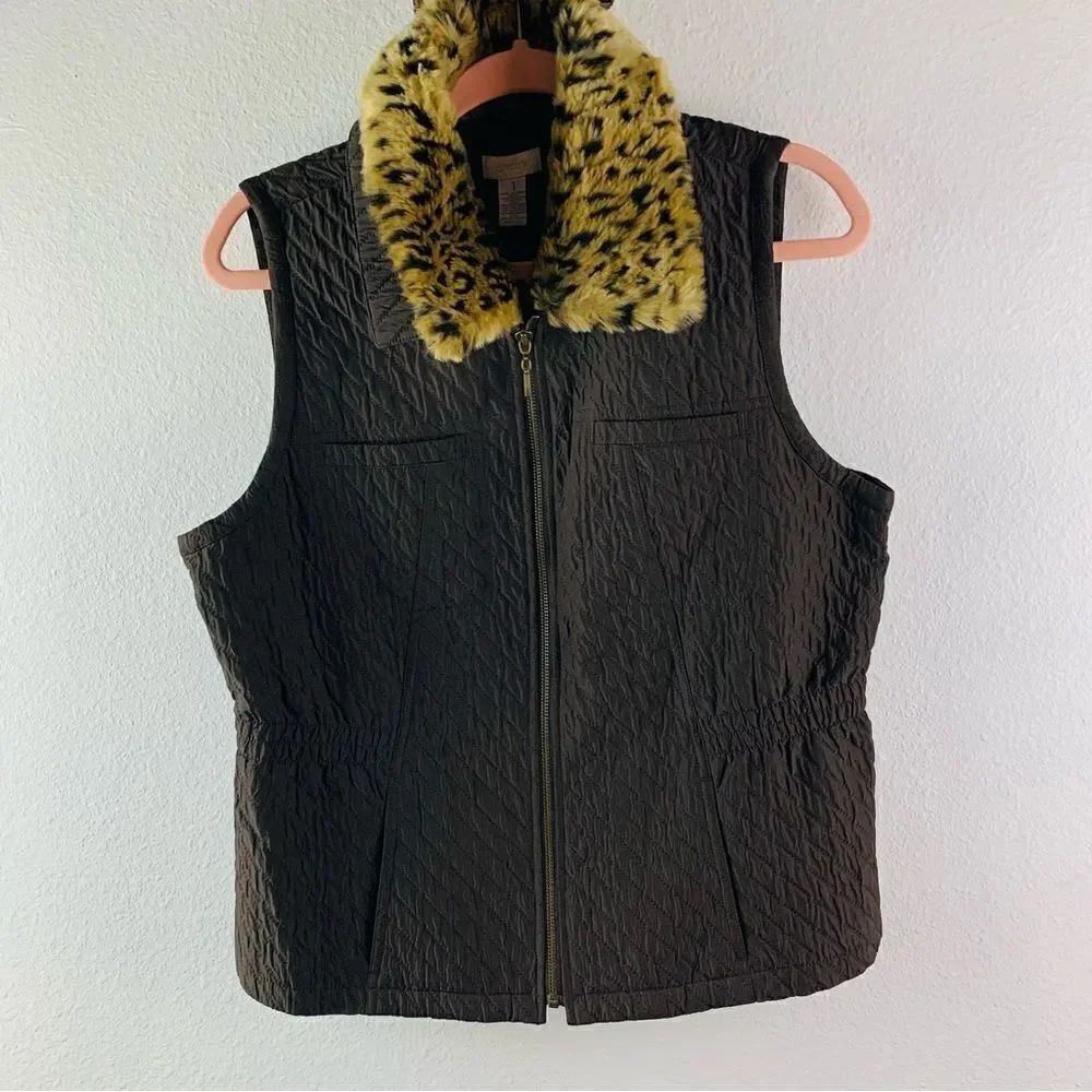Chicos Animal Print Faux Fur Quilted Black Vest